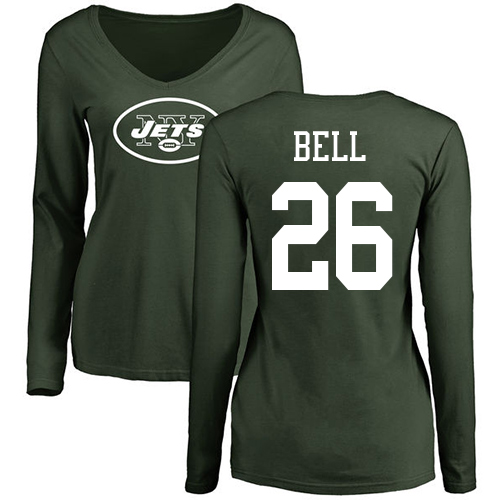 New York Jets Green Women LeVeon Bell Name and Number Logo NFL Football #26 Long Sleeve T Shirt->women nfl jersey->Women Jersey
